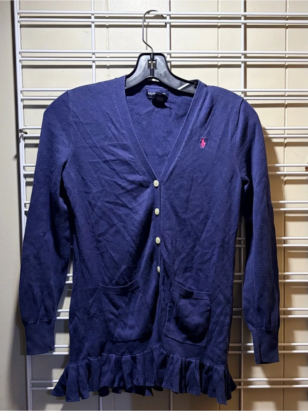 Ralph Lauren Navy Cardigan with Pink Pony Detail